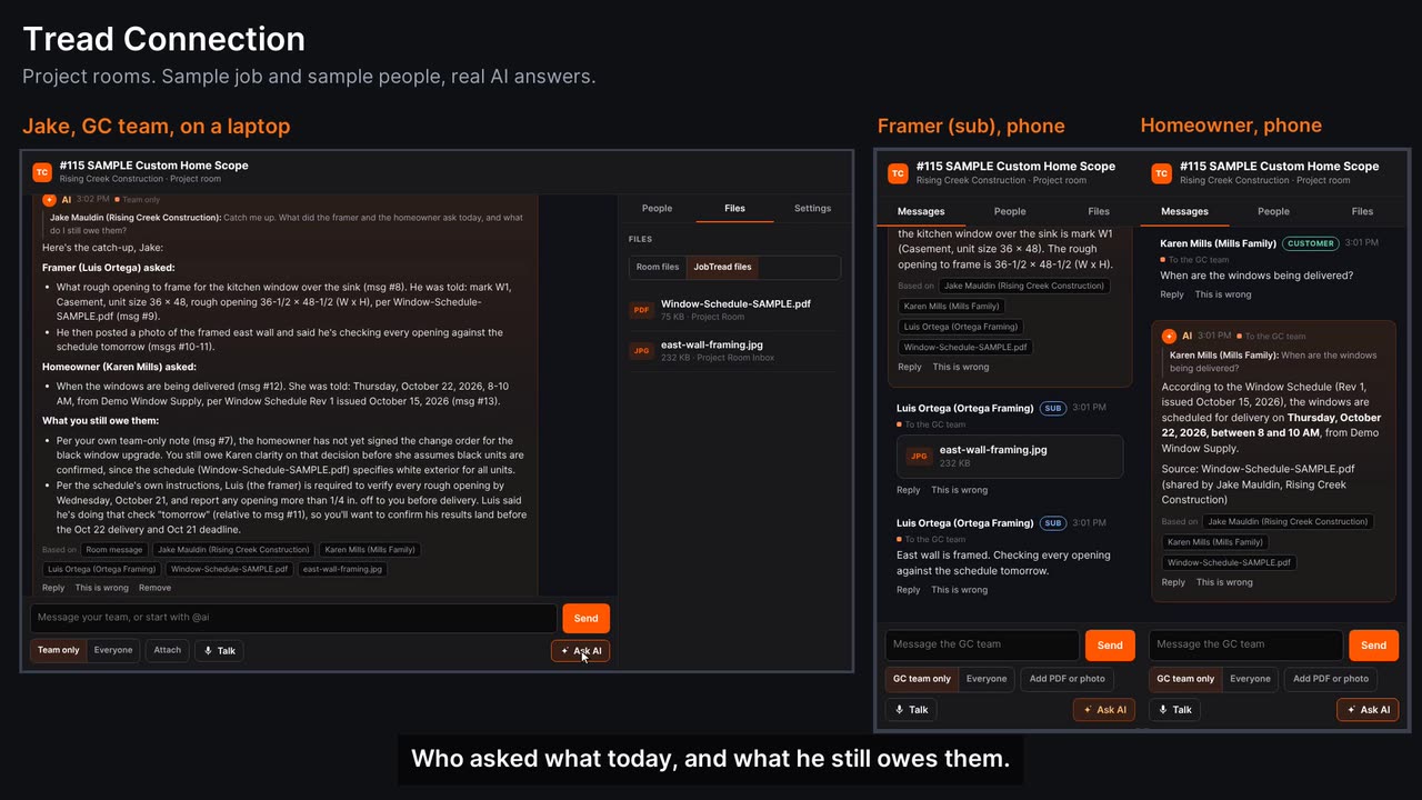 A project room on a laptop and two phones: the framer asks the SI out loud, the homeowner asks about delivery, and the SI answers from the window schedule